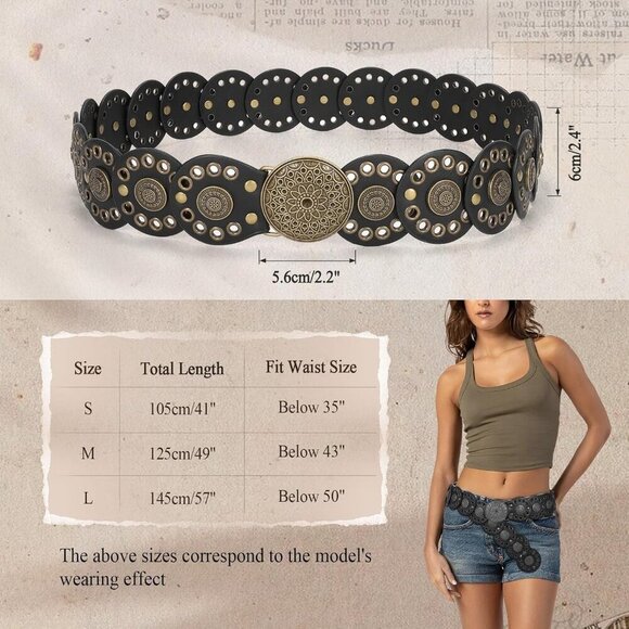 Women Vintage Disc Waist Concho Leather Belt Boho Waist Belt Black Bronze Buckle main image 6